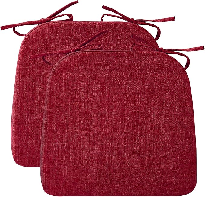 Chair Cushions for Dining Chairs, 2" Thick Seat Cushions for Kitchen Chairs, D-Shaped Chair Pads with Washable Cover, Ties and Non Slip Backing, 17'' x 16'', Set of 2, Red