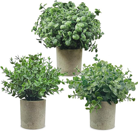 USLAI Small Potted Fake Plants(3-Pack), Mini Artificial Plastic Eucalyptus Plants Topiaries for Home Office Shelf Desk Farmhouse Room Coffee Table Decor