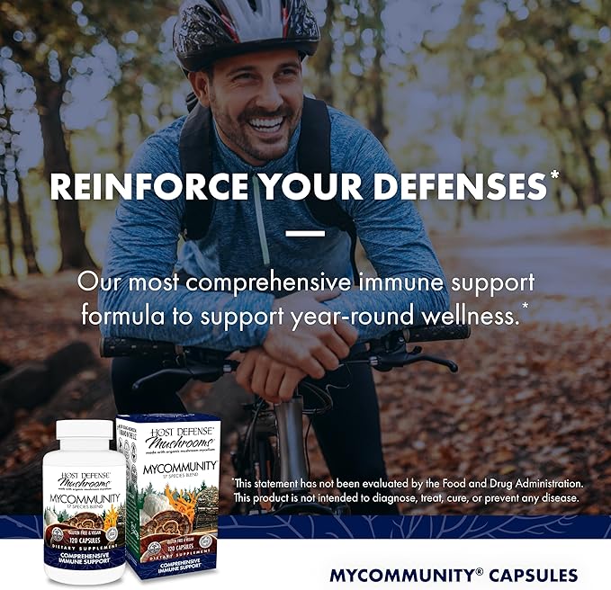 Host Defense MyCommunity Capsules - 17 Species Blend Mushroom Supplement for Immune Support - Herbal Aid with Lion's Mane, Reishi. Chaga, Cordyceps, Turkey Tail & More - 120 Capsules (60 Servings)*