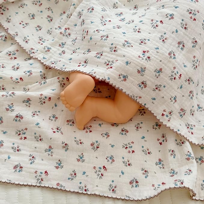 BuLuTu Cotton Muslin Blanket for Toddler Girls Boys 1 2 3 4 5 6 Year Old, Shabby Chic Floral Baby Blanket for Crib/Toddler Bed, 4 Layers Gauze Lightweight Toddler Quilt, 1 pc, 47"x51"