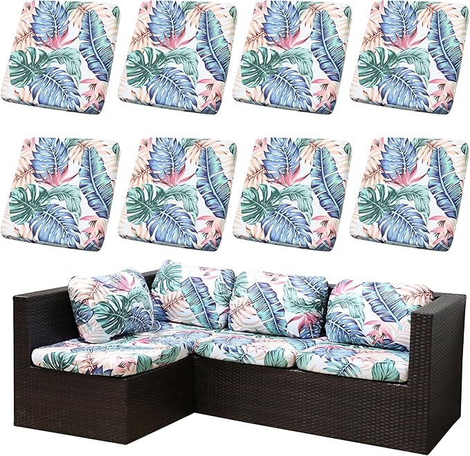 8Pcs Stretch Patio Cushion Covers Waterproof Outdoor Cushion Covers Patio Couch Cover Slipcovers, for Outdoor Furniture Protector Covers Replacement(Cover Only) (Tropical Flavor)