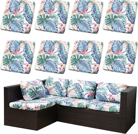 8Pcs Stretch Patio Cushion Covers Waterproof Outdoor Cushion Covers Patio Couch Cover Slipcovers, for Outdoor Furniture Protector Covers Replacement(Cover Only) (Tropical Flavor)