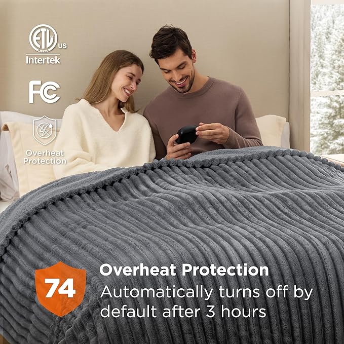 Bedsure Electric Blanket King Size - Thick Striped Flannel Electric Blanket with Dual Control, Heating with 10 Heat Settings & 10 Time Settings, 8 hrs Timer Auto Shut Off (90x100 inches, Grey)