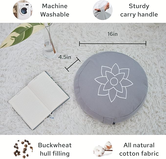 Mindful & Modern Large Meditation Cushion | Zafu Yoga Bolster Meditation Floor Pillow Seat | Buckwheat Hull Filled Crescent Shaped Cushion with Removable Washable Cover + Carry Handle