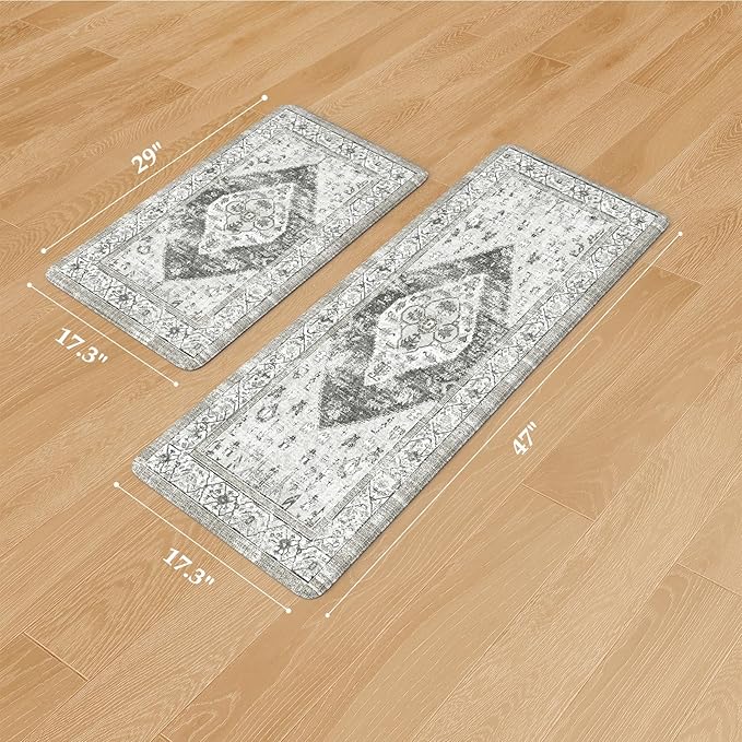 KIMODE Kitchen Rugs and Mats 2PCS Cushioned Anti Fatigue Kitchen Mat Non-Skid Waterproof Kitchen Runner Rug for Kitchen Decor,Floors,Office,Laundry,Grey