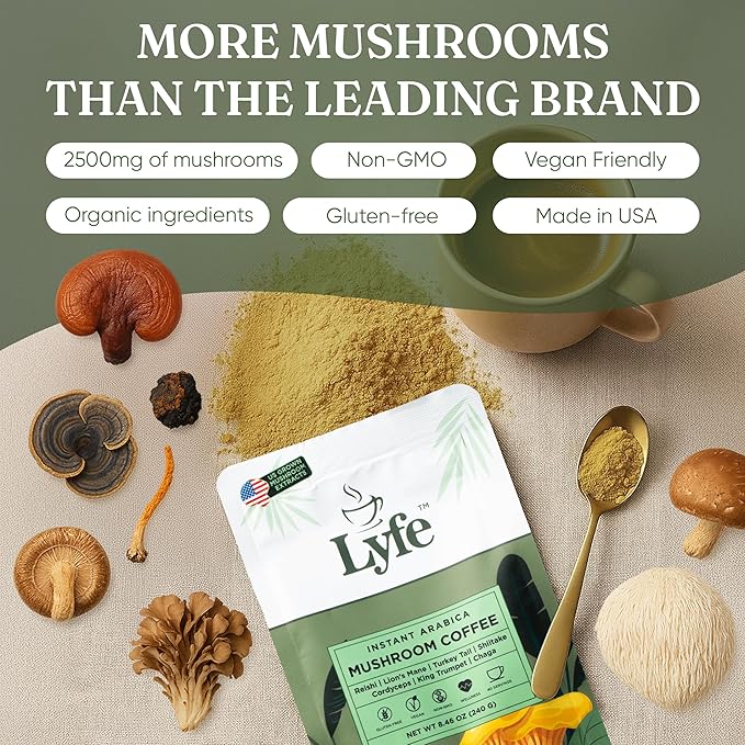 LYFE Organic Instant Mushroom Coffee – Lion’s Mane, Chaga, Cordyceps, Turkey Tail | USA Grown Adaptogenic Mushrooms for Better Energy, Focus, Gut Health, Immunity – 40 Servings