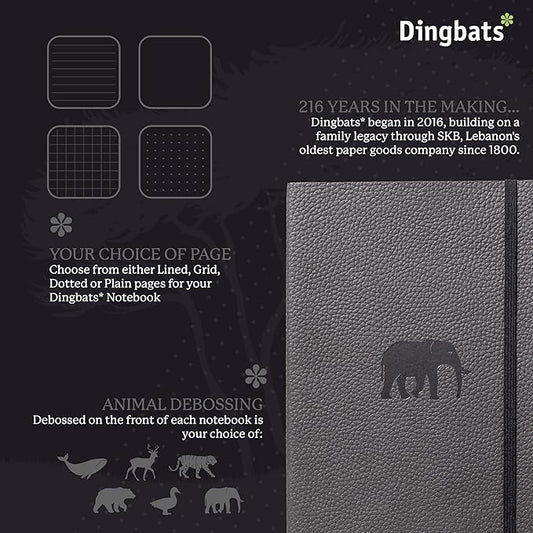 Dingbats* Wildlife Dotted Writing Journal Notebook A5 - Vegan Leather Hardcover - Ideal for Work, Travel - Pocket, Elastic Closure, & Bookmark