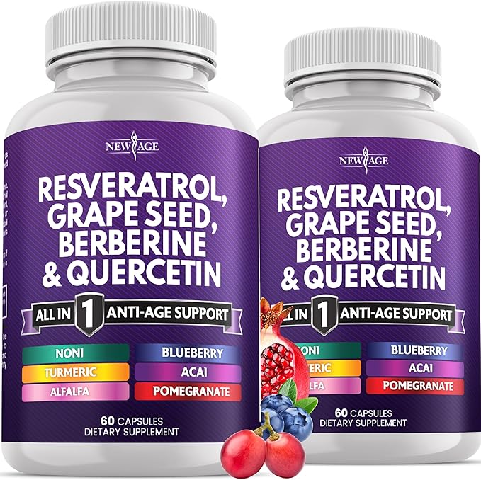 NEW AGE Resveratrol, Berberine, Grape Seed Extract, Quercetin, Polyphenol Supplement for Women and Men with Noni Extract, N-Acetyl Cysteine, Acai Extract - 120 Capsules