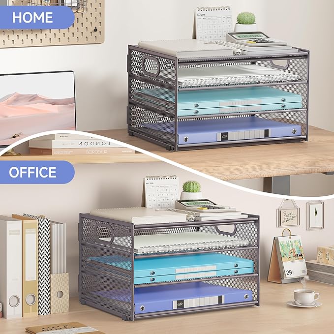 Subekyu Paper Letter Tray Organizer for Desk, Gray Metal Mesh Desk File Sorter Organizer with Handle and 2 Sliding Trays for Home Office School Supplies Organization