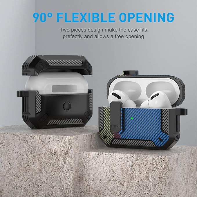 Maxjoy for AirPods Pro Case Cover with Lock, AirPods Pro 1st Generation Case for Men Military Rugged Protective Cover with Keychain Compatible with Apple AirPod Pros 2019 Front LED, Carbon Fiber Blue