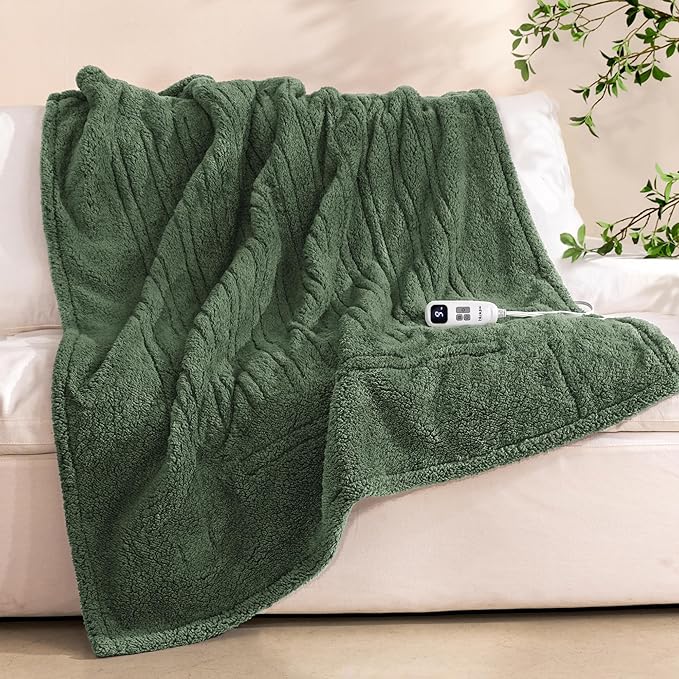 Electric Heated Blanket Throw 50x60 inches, Fast Heating w/ 10 Heat Settings & 2/4/8/10H Auto Timer, Double-Sided Sherpa, Ultra Soft & Cozy for Couch, Bed, Office, Machine Washable,Sage