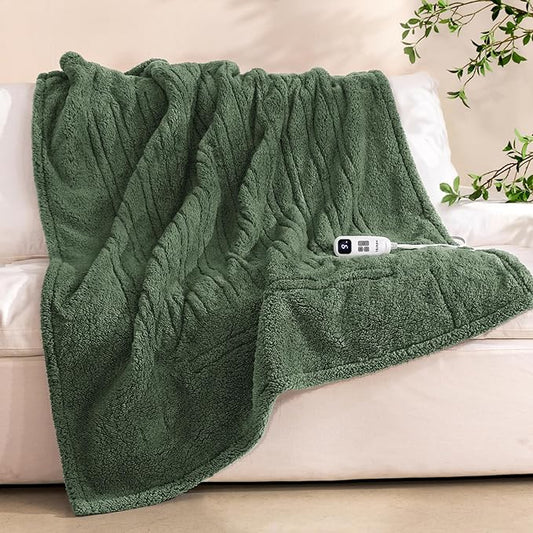 Electric Heated Blanket Throw 50x60 inches, Fast Heating w/ 10 Heat Settings & 2/4/8/10H Auto Timer, Double-Sided Sherpa, Ultra Soft & Cozy for Couch, Bed, Office, Machine Washable,Sage
