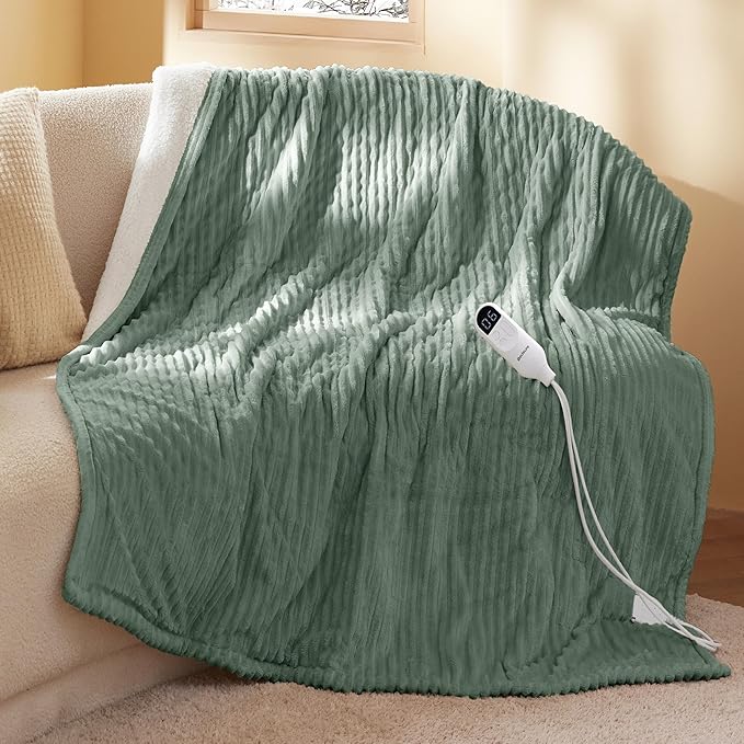 Bedsure GentleSoft Heated Blanket Throw - Soft Ribbed Flannel Electric Blanket, Heating with 4 Time Settings, 6 Heat Settings, and 3 hrs Timer Auto Shut Off, Gifts for Grandma (50x60 inches, Green)