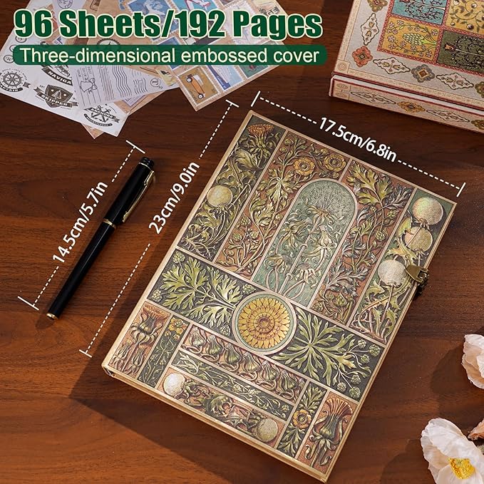 Retro 3D Plant Sound Cover Hardcover Journal,with dual specification line pattern inner pages and envelope storage bag,can be used as a travel notebook,Diary notes,and wedding anniversary.