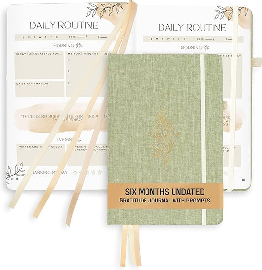 Daily Gratitude Journal for Women (5.7x8.25")- Linen Hardback Daily Women’s Journal - 6 Month Undated Guided Notebook with Prompts -Green Gratitude Diary with Prompts for Women- Personal Organizer