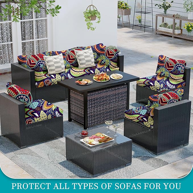 14 Pcs Stretch Patio Cushion Covers,Outdoor Couch Covers Replacement,Outdoor Couch & Sofa Slipcovers,for Patio Furniture Cushion Covers,Washable Reusable Furniture Protector (Rococo ,Cover Only)