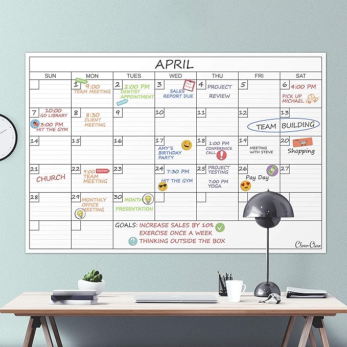 CLEVER CLEAN Large Dry Erase Wall Calendar - 24"x 36" Undated Monthly Calendar for Home, Office, Classroom - Reusable Laminated Task Organizer