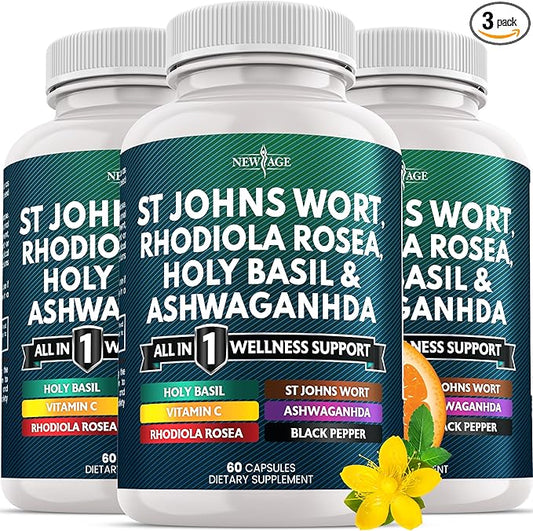 NEW AGE St Johns Wort, Rhodiola Rosea, Holy Basil, Ashwagandha - Support for Women and Men with Vitamin C & Black Pepper Extract - 180 Count