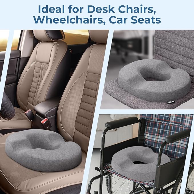 5 STARS UNITED Donut Pillow Hemorrhoid Tailbone Cushion – Large Cushion for Pain Relief – Coccyx, Prostate, Sciatica, Pelvic Floor, Pressure Sores, Pregnancy, Postpartum Recovery, Gray