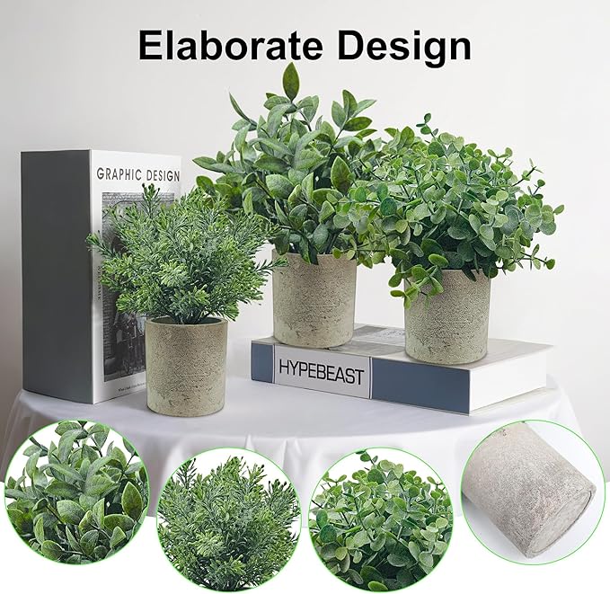 USLAI Small Potted Fake Plants(3-Pack), Mini Artificial Plastic Eucalyptus Faux Plants Topiaries for Home Office Shelf Desk Farmhouse Room Coffee Table Decor