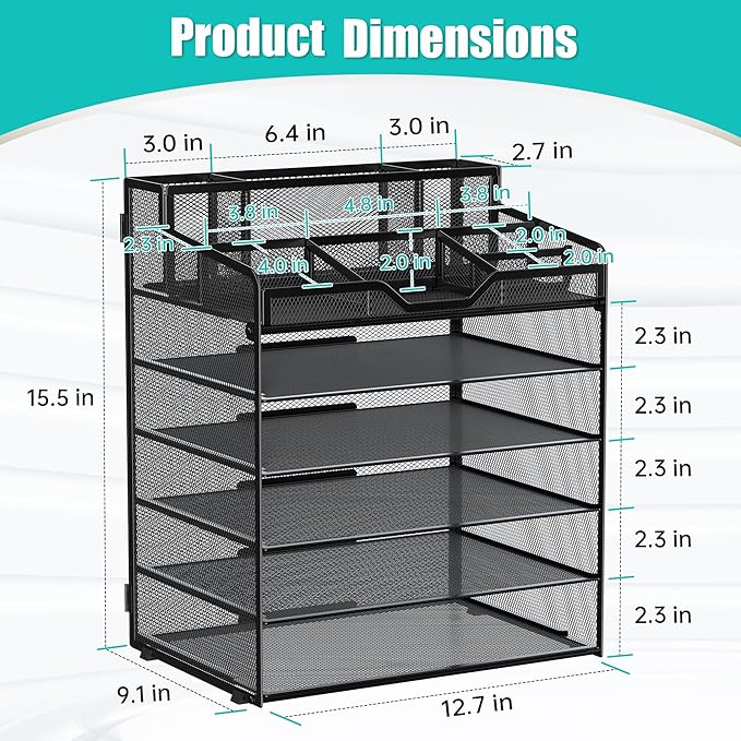 6 Tier Mesh Desk Organizer,Multi Functional Letter Paper Tray with 3 Pen Holders and 5 Adjustable Storage Compartments for Office Supplies Files and Mail Space Saving Desktop Organizer-Black