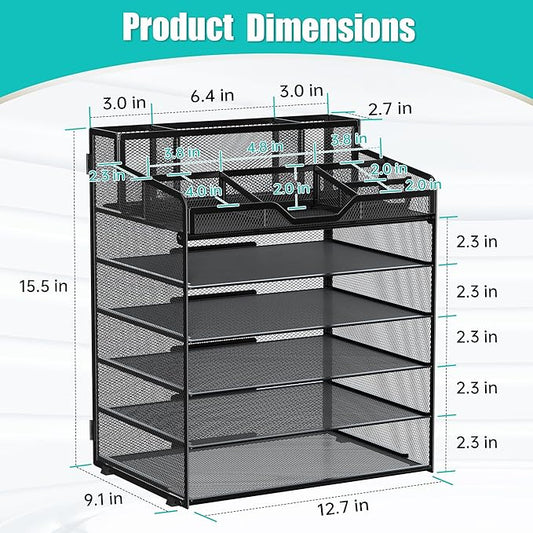 6 Tier Mesh Desk Organizer,Multi Functional Letter Paper Tray with 3 Pen Holders and 5 Adjustable Storage Compartments for Office Supplies Files and Mail Space Saving Desktop Organizer-Black