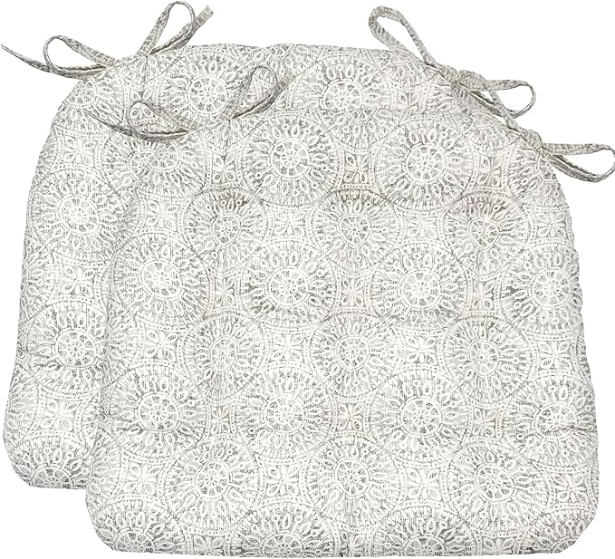 Barnett Home Decor Dining Chair Cushions with Ties – Size Medium 16.5 x 18 - Latex Foam Fill, 100% Cotton, Machine Washable Chair Pads for Kitchen Chairs, Made in USA (Tibet Grey/Pack of 2)
