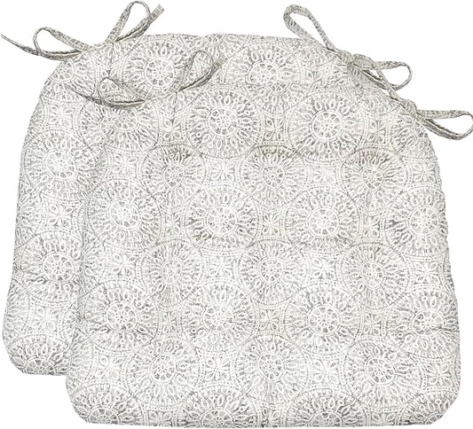 Barnett Home Decor Dining Chair Cushions with Ties – Size Medium 16.5 x 18 - Latex Foam Fill, 100% Cotton, Machine Washable Chair Pads for Kitchen Chairs, Made in USA (Tibet Grey/Pack of 2)