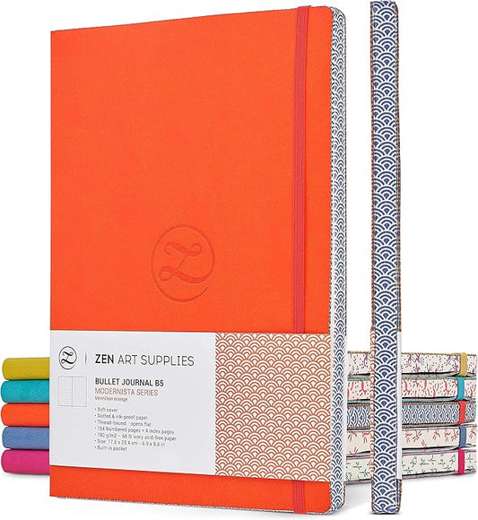 Soft Cover Large B5 Dotted Journal - Enjoy Bullet Journaling with a 7x10-inch, Non-Bleed Thick 120gsm Paper, Dot Journal in Orange, Japanese Edge Motif - Faux Leather Lay Flat Dot Notebook - ZenART