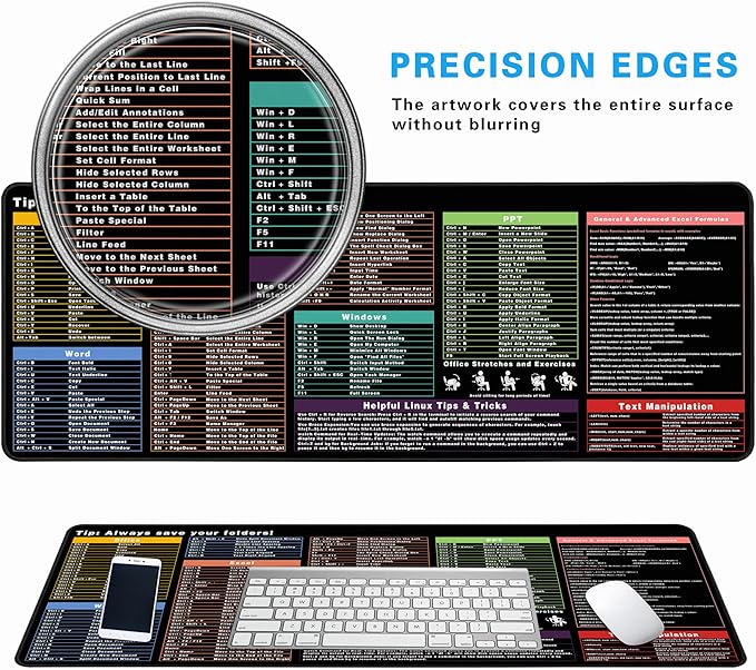 Excel Cheat Sheet Desk Pad, 31.5"x11.8", Waterproof Extra Large Excel Shortcut Mat with Stitched Edges, Anti-Slip Excel Mouse Pad for Office Desk, MS Excel/Word Shortcuts (Color Shortcut)