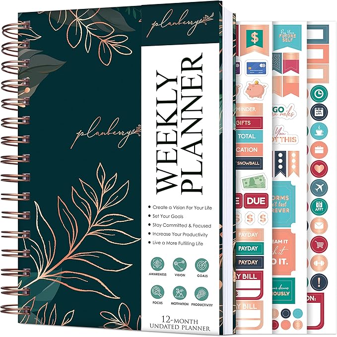 PLANBERRY Weekly Planner – Undated Life Organizer & Budget Planner – Time Management, Goal Setting, To-Do List, Work-Life Balance & Habit Tracker – 6.1″ x 8.1″ (Green Pastures)
