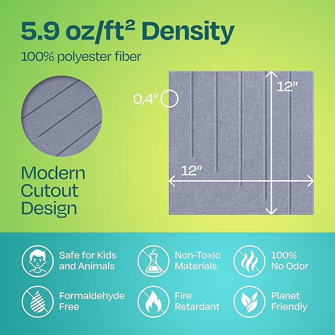 Acoustic Panels 12-Pack Soundproof Wall Panels 12"x12"x0.4" Decorative Sound Dampening for your Home, Office, Studio, Bedroom & More with Unique LineWave Carving [Dusky Gray]