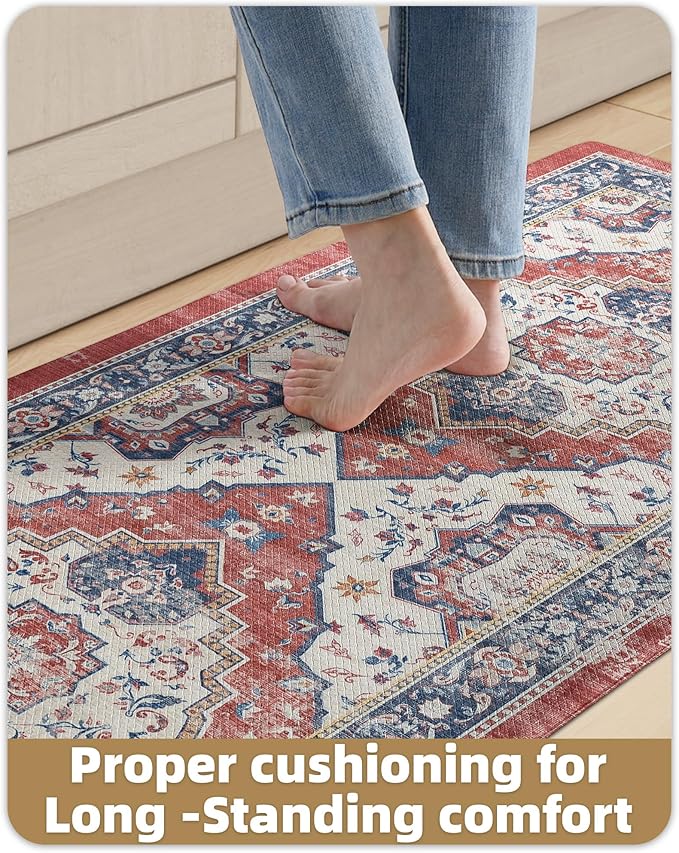 Color&Geometry Kitchen Floor Mats Anti Fatigue, Cushioned Boho Rugs,Waterproof Non Slip Kitchen Runner for Sink, Standing Mats for Office,24"x87",Red