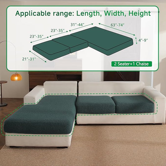 Couch Cushion Covers for Sectional Sofa, Stretch Soft Sofa Slipcovers Washable Wear-Resistant Universal Furniture Protector for Living Room(2 Seaters Covers+1 Chaise Cover, Green)