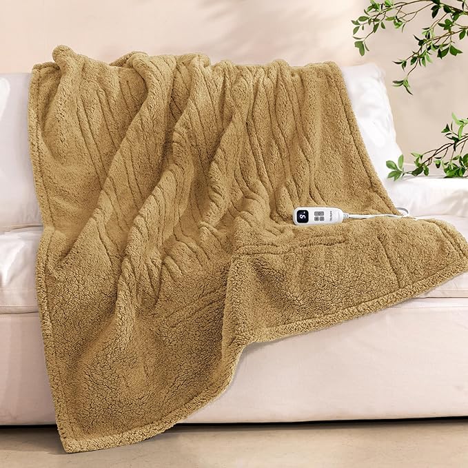 Electric Heated Blanket Throw 50x60 inches, Fast Heating w/ 10 Heat Settings & 2/4/8/10H Auto Timer, Double-Sided Sherpa, Ultra Soft & Cozy for Couch, Bed, Office, Machine Washable, Camel