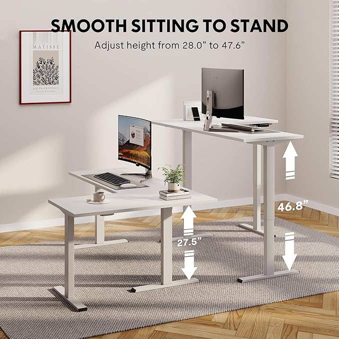 SANODESK Electric Height Adjustable 3 Leg Corner Desk Frame, up to 220lbs, Sit Stand Ergonomic L Shaped Frame Only, White
