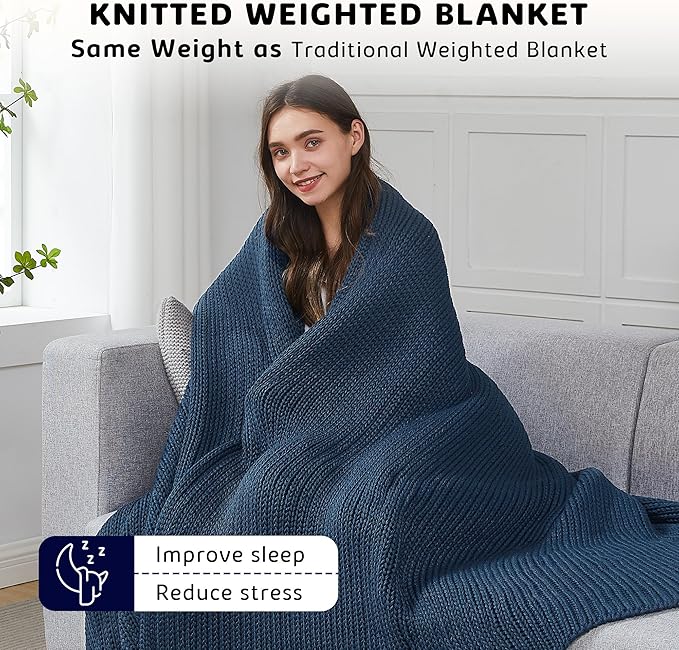 L'AGRATY Knitted Weighted Blanket - 50"x60" 7lbs Cooling Chunky Knit Heavy Blanket for Adults Braided Crochet Throw Thick Cable Yarn Knit Decorative Blanket No Beads Evenly Weighted Machine Washable