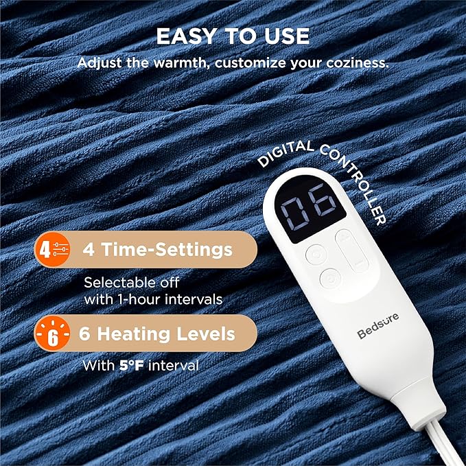 Bedsure GentleSoft Heated Blanket Electric Throw - Soft Ribbed Flannel Electric Blanket, Heating with 4 Time Settings, 6 Heat Settings, and 3 hrs Timer Auto Shut Off, Gifts for Grandma (50"x60", Navy)