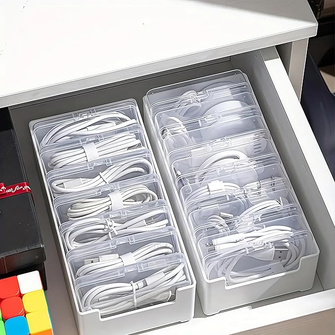 11 Box Cable Organizer Storage Box, Desktop Cable Management with Switch, Power Cord Organizer for Office,Home,Desk Accessories Storage Stationery Supplies and Accessories（Clear） (11 Box)