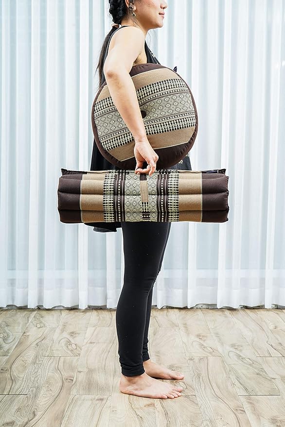 Leewadee Meditation Cushion Set – 1 Small Zafu Yoga Pillow and 1 Small Roll-Up Zabuton Mat Filled with Kapok