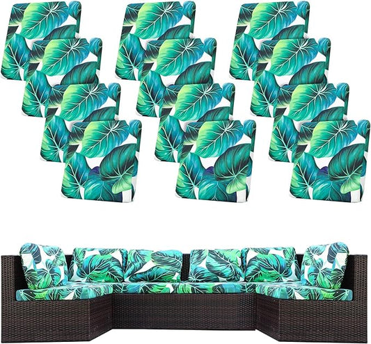 12 Pcs Stretch Patio Cushion Covers,Outdoor Couch Covers Replacement,Outdoor Couch & Sofa Slipcovers,for Patio Furniture Cushion Covers,Washable Reusable Furniture Protector (Green Leaf,Cover Only)