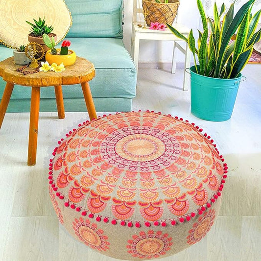 Mandala Life ART Large Boho Pouf Cushion Cover Pink Round Floor Pillow Luxury Kids Room Décor Cotton Pouf Ottoman Cushion for Meditation Yoga and Boho Chic Seating Area Stool Cotton 24x8 Unstuffed