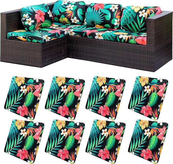 8Pcs Stretch Patio Cushion Covers,Outdoor Couch Covers Replacement,Outdoor Couch & Sofa Slipcovers,for Patio Furniture Cushion Covers,Washable Reusable Furniture Protector (Floral Leaf,Cover Only)