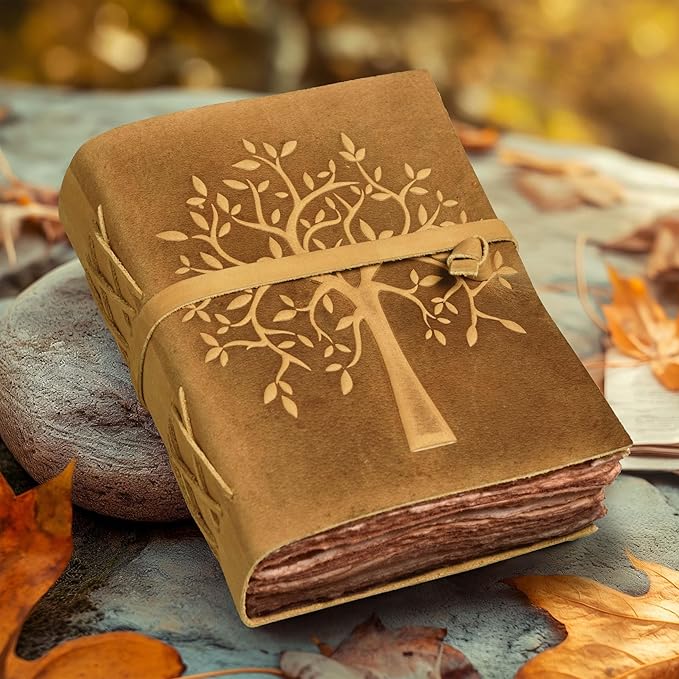LEATHER VILLAGE Tree of Life Journal - 8"X6" (A5) inches - Sun Tan - 200 Antique Deckle Edge Handmade Paper – Book of Shadows - Vintage Leather Bound Journal for Women & Men