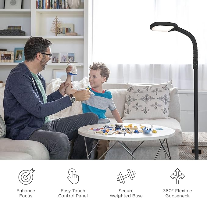 Verilux SmartLight Full Spectrum LED Modern Floor Lamp with Adjustable Brightness, Flexible Gooseneck and Easy Controls - Reduces Eye Strain and Fatigue - Ideal for Reading, Artists, Craft (Black)