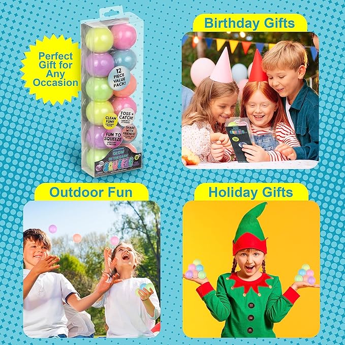 12pc Value Pack - Squeeze Balls in Glow in The Dark Colors - Fidget Toy Stress Balls for Adults and Kids - Anxiety Relief Items to Squish, Squeeze, Throw and Stick Fidgets for Kids