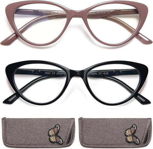 EYEURL Cat Eye Reading Glasses for Women - 2 Pack Blue Light Blocking Computer Readers 2.25 Spring Hinge Anti Glare/UV Ray Eyeglasses