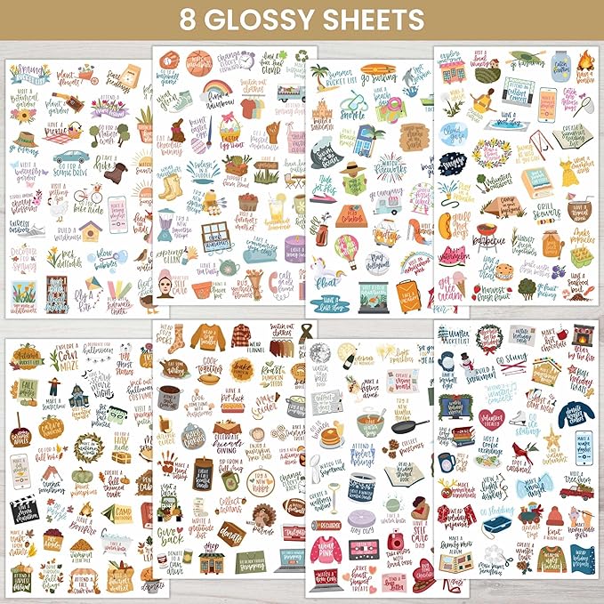 bloom daily planners Seasonal Bucket List Planner Stickers - Spring, Summer, Fall, Winter Activity Goals for Adults - 8 Sheets / 275+ Illustrations - Adventure Icons for Planning or Scrapbooking