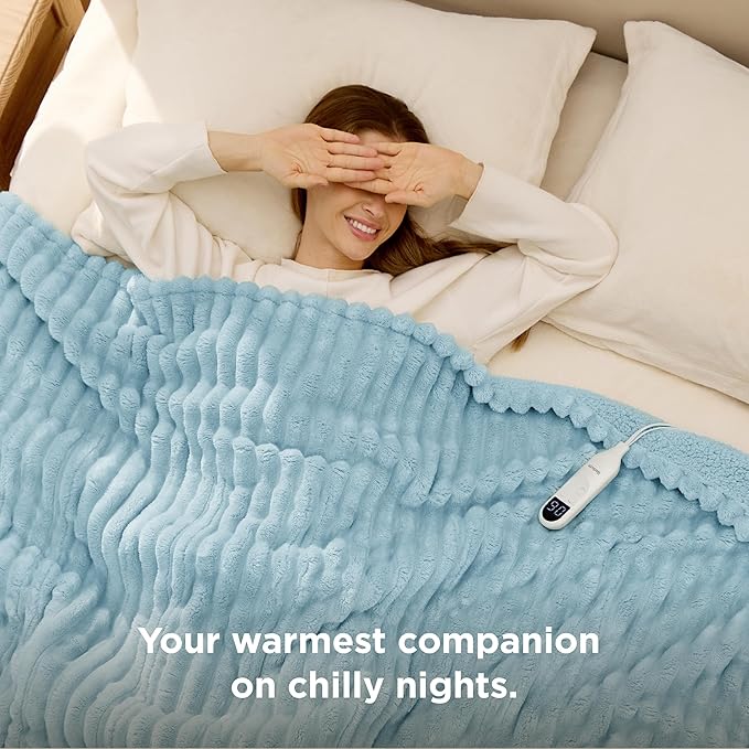 Bedsure Electric Blanket Full Size - Thick Striped Flannel Heated Blanket with 6 Heat Settings, 10 Time Settings, 8-Hour Timer Auto Shut Off, Gifts for Grandma (72x84 inches, Light Blue)