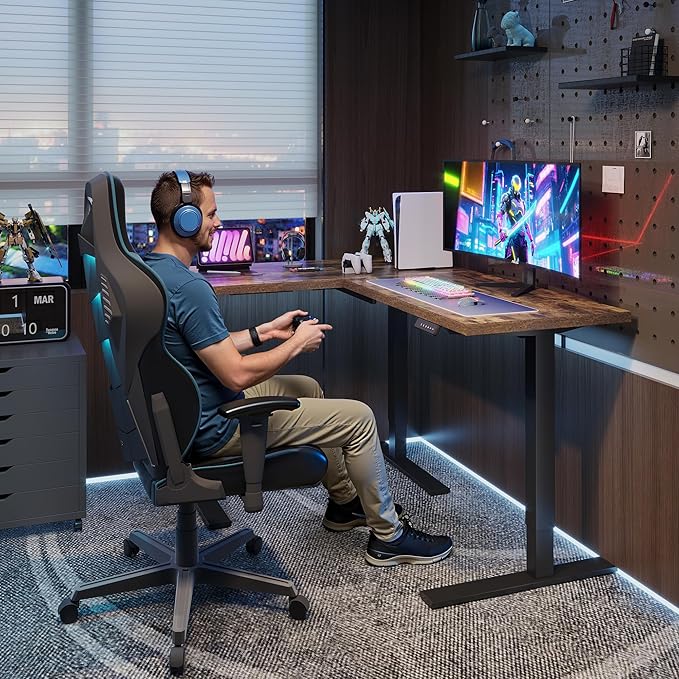 SANODESK L Shaped Standing Desk Adjustable Height, Electric Corner Standing Desk, 63 x 48 inch Sit Stand Computer Table with Splice Board, Rustic Brown